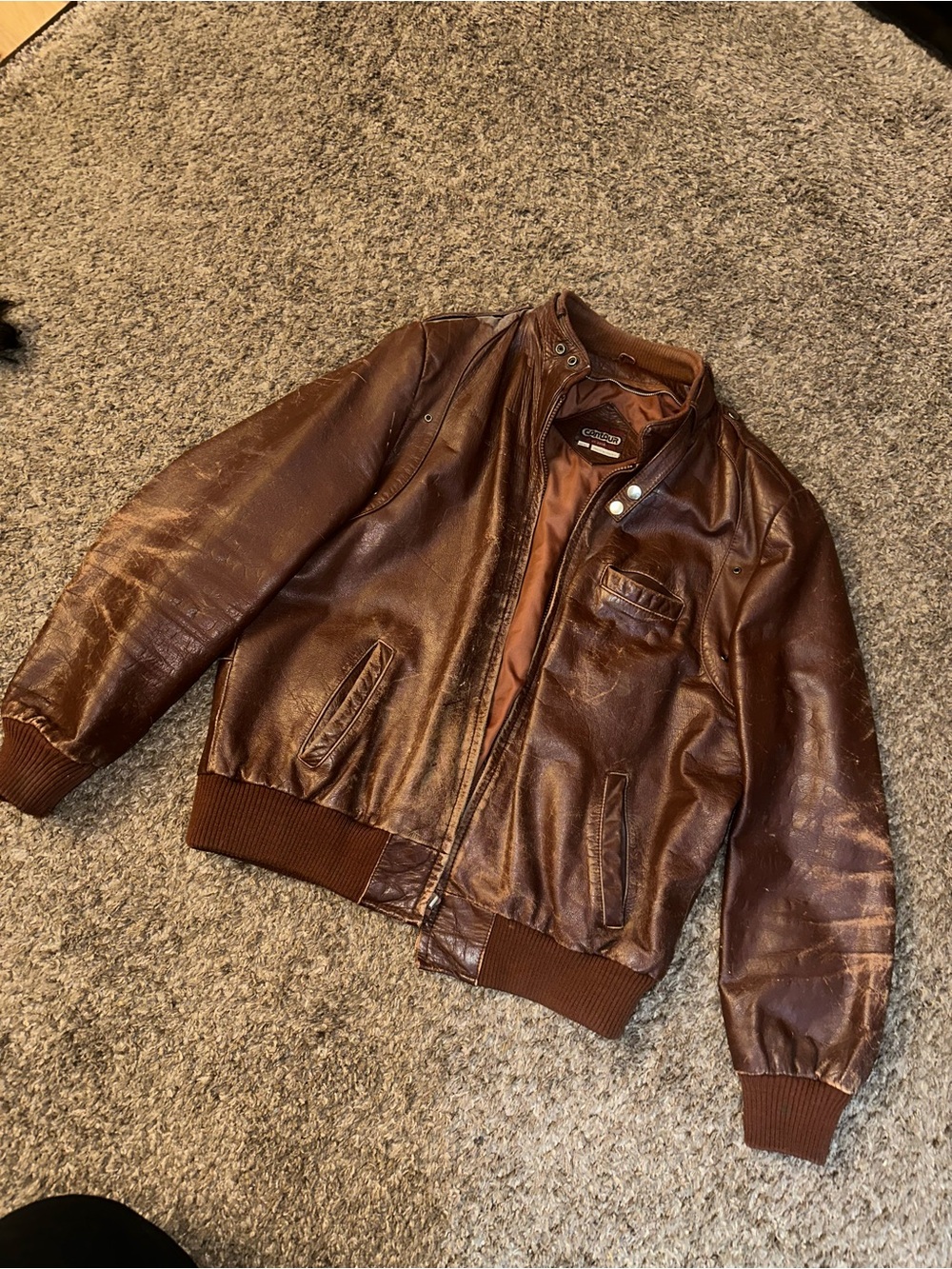 70’s Vintage Men's Brown Leather Bomber Jacket Size 44 Tall